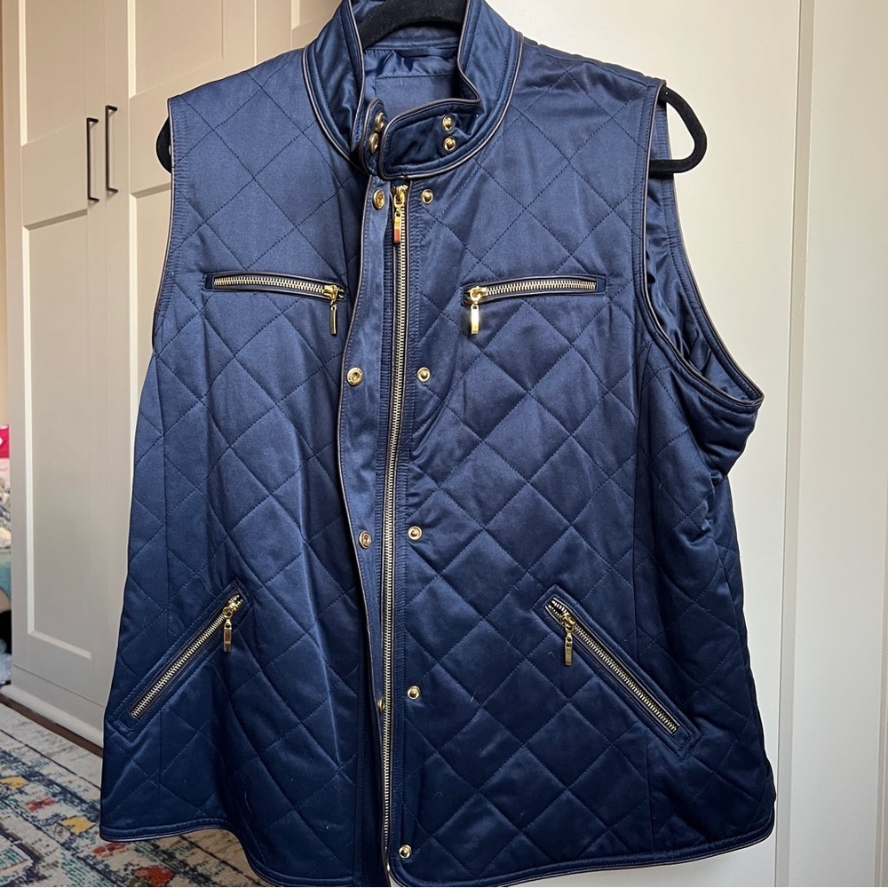 PENDELTON Navy Quilted Zip Snap Pockets Brown Trim Sleeveless Vest size xxl - Picture 5 of 8
